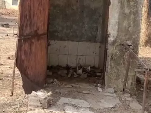 शौचालय में दरवाजे तक नहीं है। टाइल्स सही हैं, न हैंडरेल नहीं है।